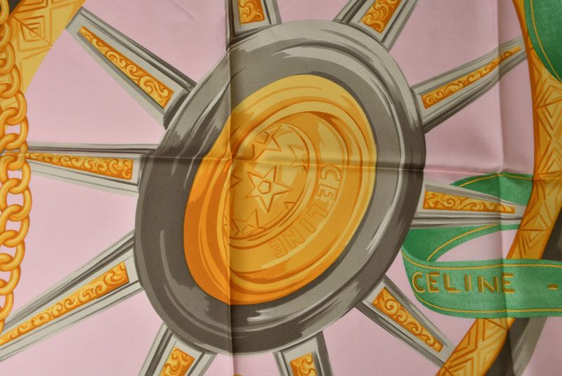 Celine Scarf Vintage Carriage Wheel Silk Silver Pink — view 7