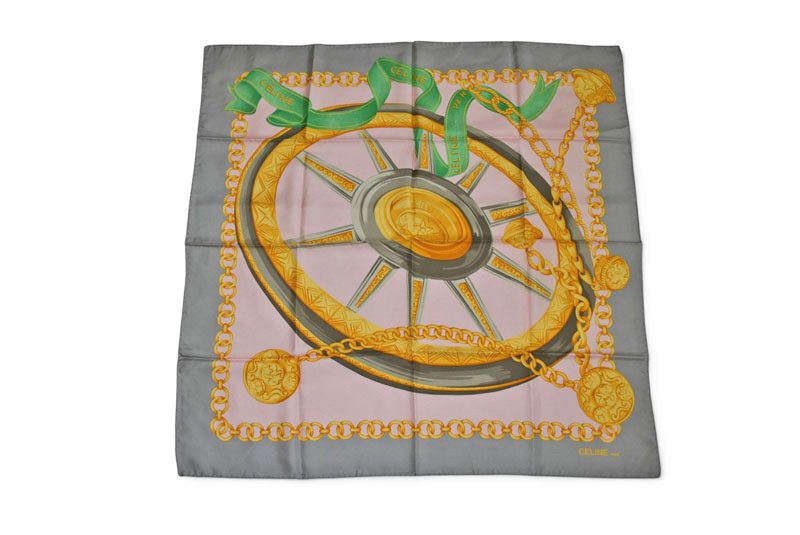 Celine Scarf Vintage Carriage Wheel Silk Silver Pink
