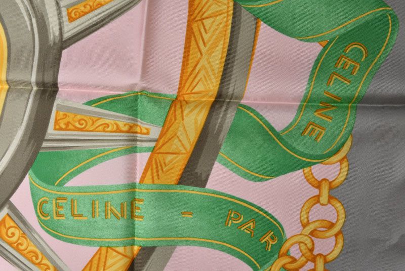 Celine Scarf Vintage Carriage Wheel Silk Silver Pink — view 9