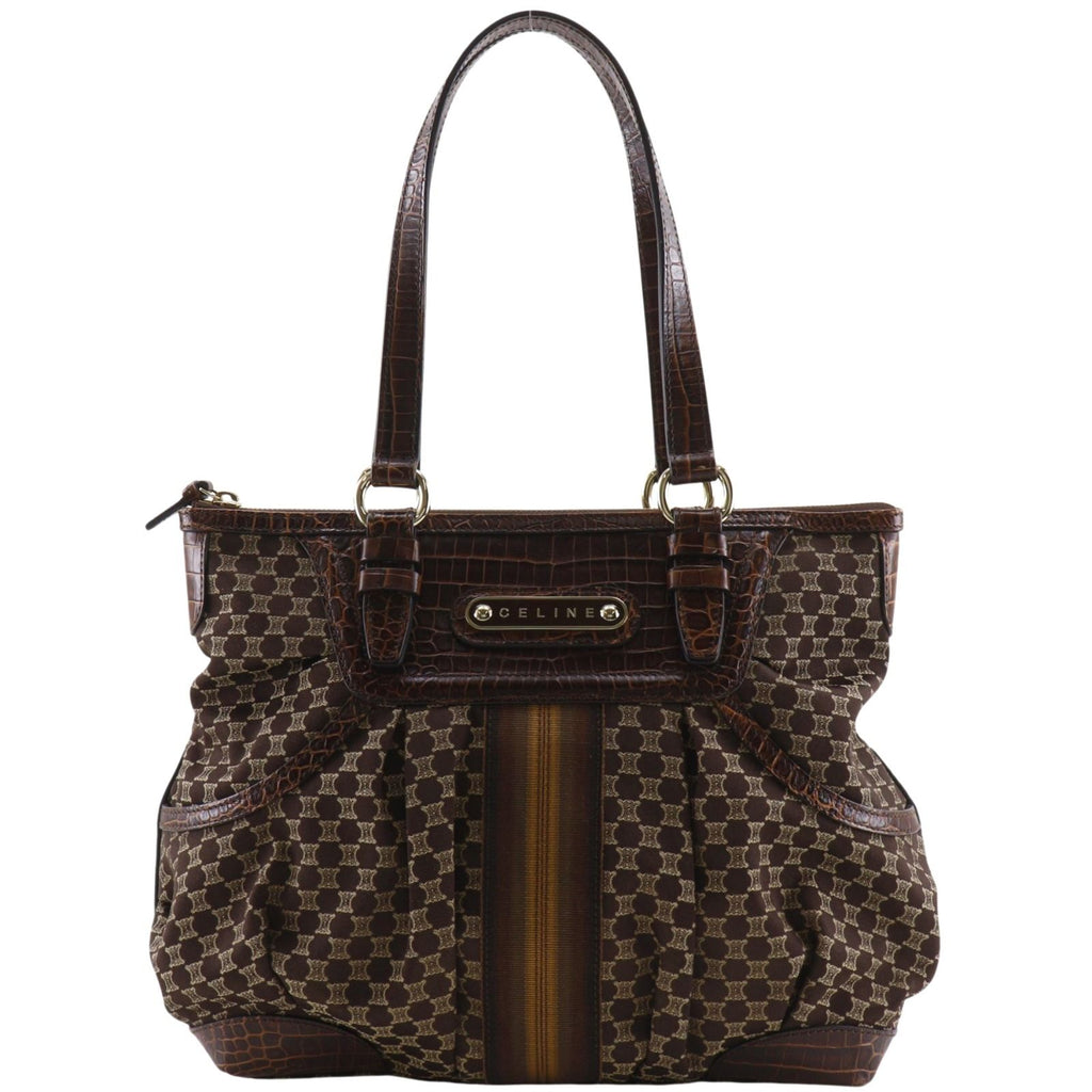 Celine Macadam Pattern Embossed Leather Nylon Brown Tote