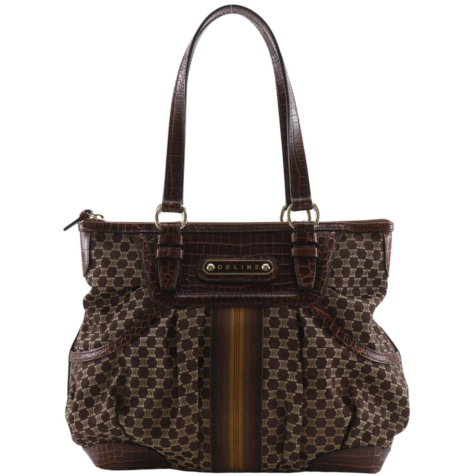 Celine Macadam Pattern Embossed Leather Nylon Brown Tote