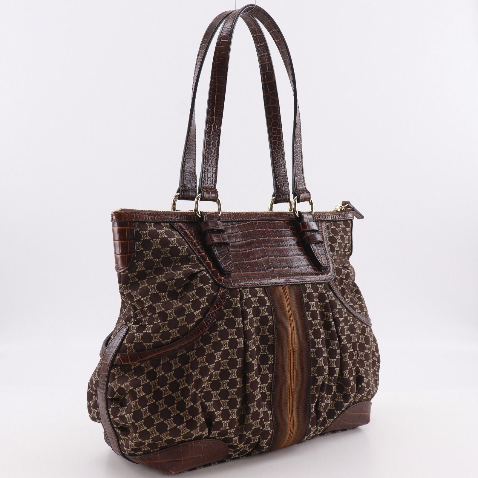 Celine Macadam Pattern Embossed Leather Nylon Brown Tote — view 3