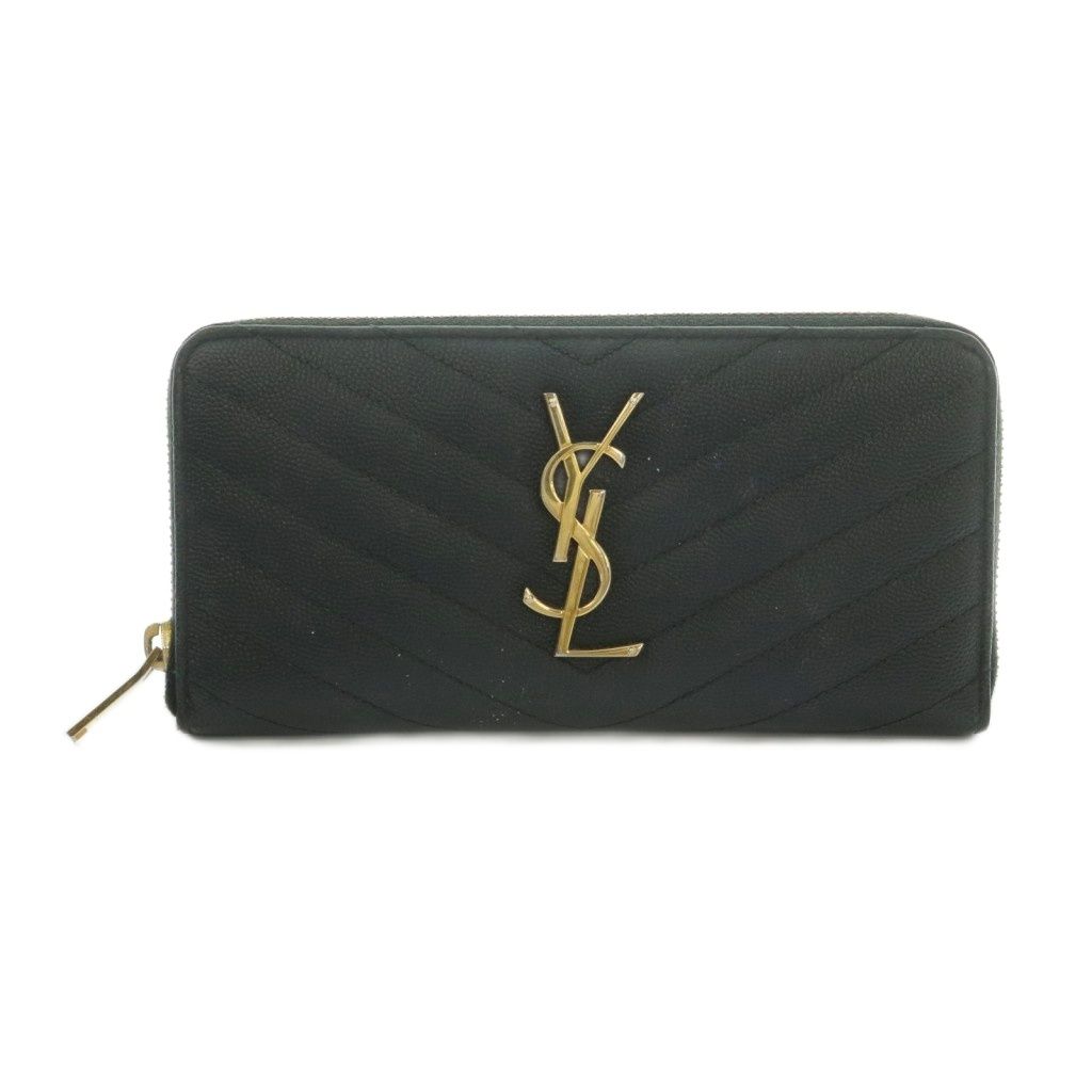 Saint Laurent Lsv Logo Stitch Wallet Zip Around Coin Purse Leather Black