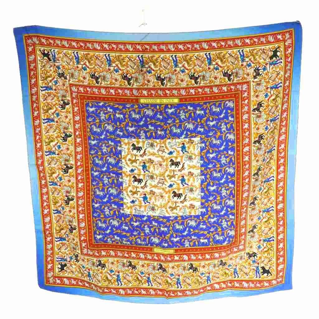 Hermes Chasse en Inde Indian Hunting Carre 90 Scarf Silk Multicolor Blue Red SS