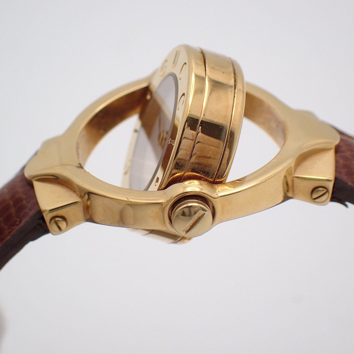 Gucci Breath Watch Quartz Gold White Dial Brown Leather Pawn — view 7