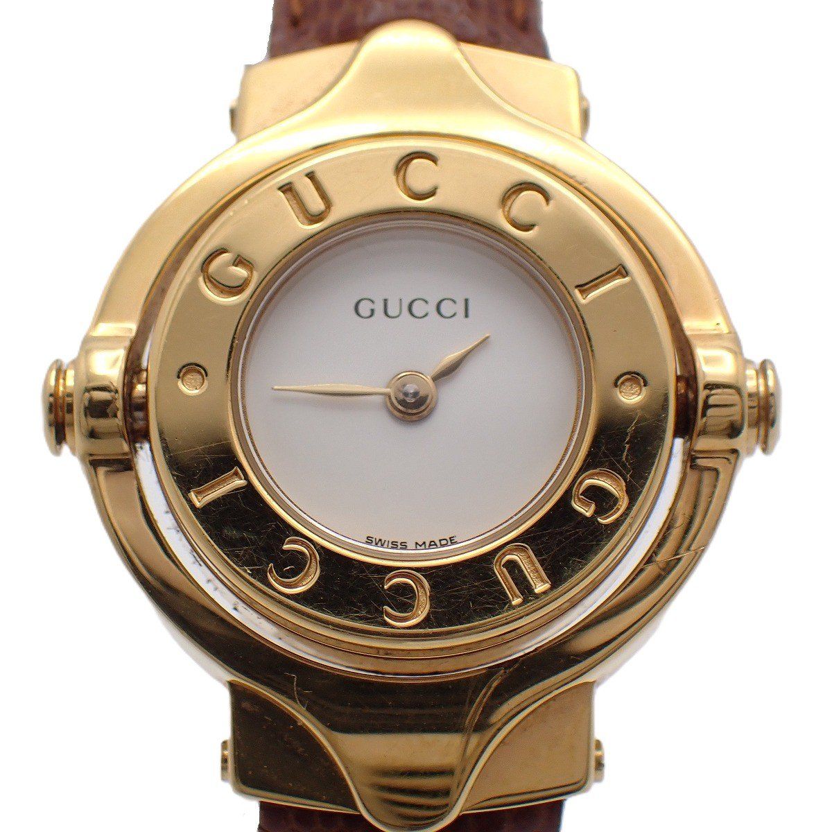 Gucci Breath Watch Quartz Gold White Dial Brown Leather Pawn