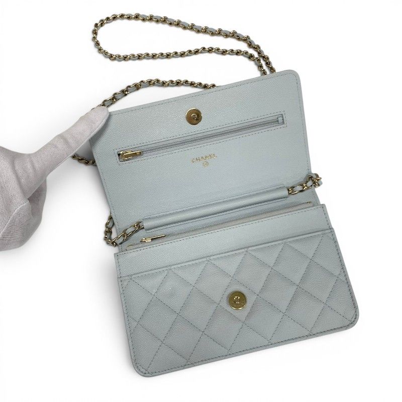 Chanel Shoulder Bag Light Blue Gold CC Logo Quilted Chain Wallet — view 7