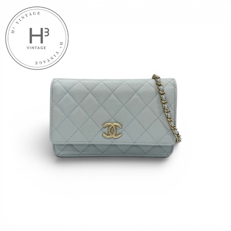 Chanel Shoulder Bag Light Blue Gold CC Logo Quilted Chain Wallet