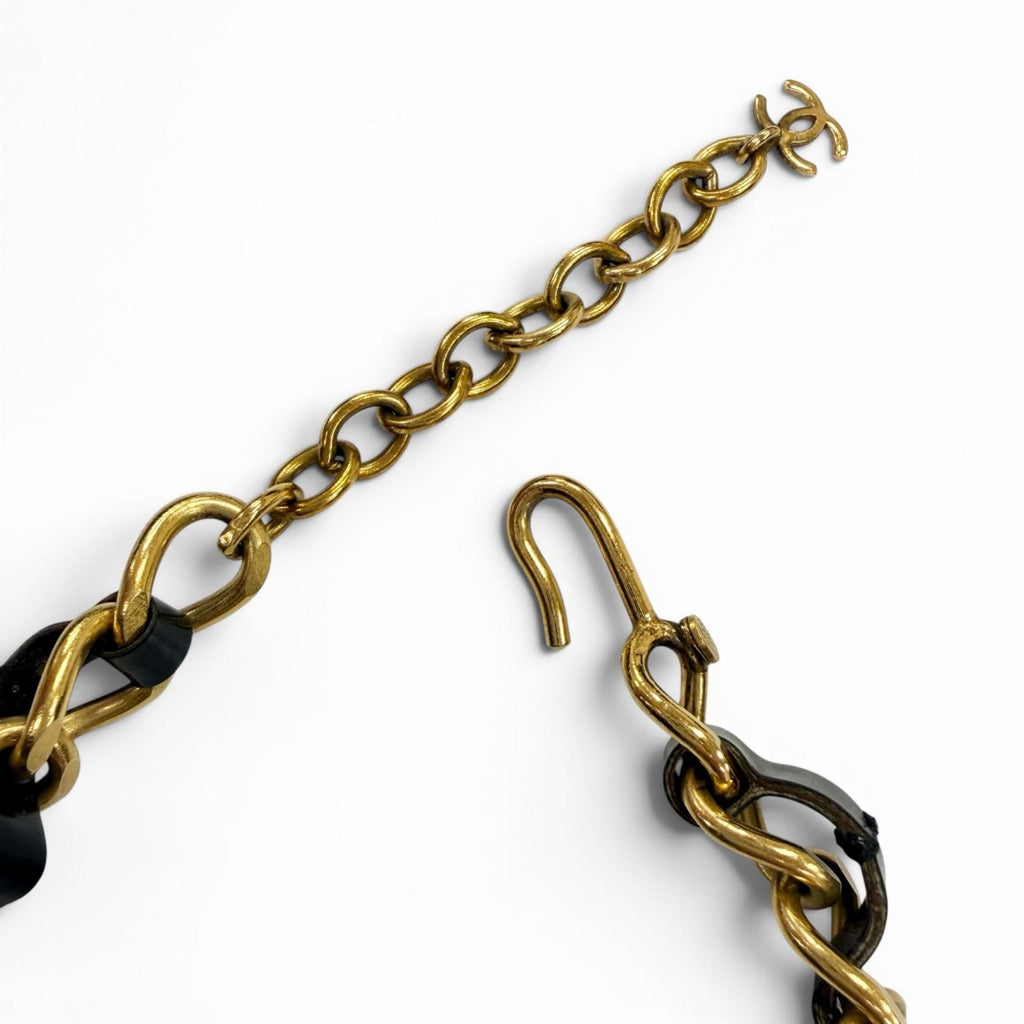Chanel Vintage Leather CC Logo Rhinestone Chain Belt Choker Necklace Gold Black — view 6