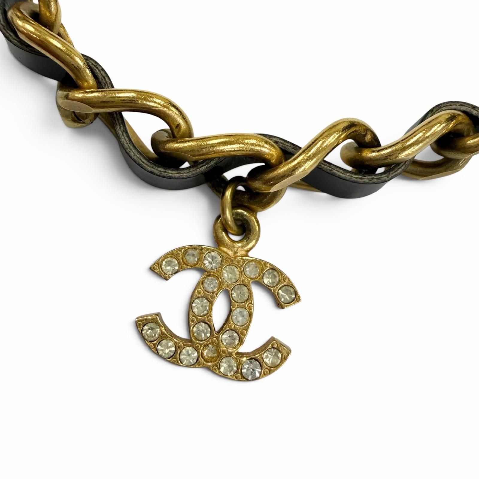 Chanel Vintage Leather CC Logo Rhinestone Chain Belt Choker Necklace Gold Black