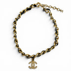 Chanel Vintage Leather CC Logo Rhinestone Chain Belt Choker Necklace Gold Black — view 3