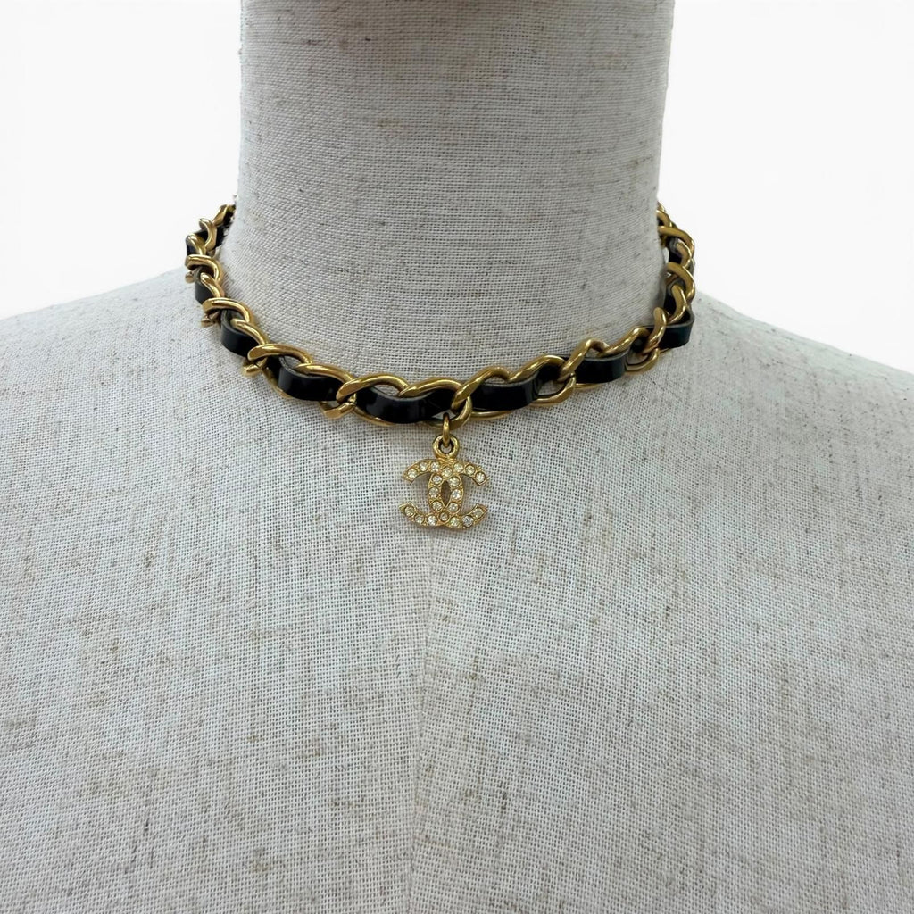 Chanel Vintage Leather CC Logo Rhinestone Chain Belt Choker Necklace Gold Black — view 4