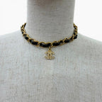 Chanel Vintage Leather CC Logo Rhinestone Chain Belt Choker Necklace Gold Black — view 4
