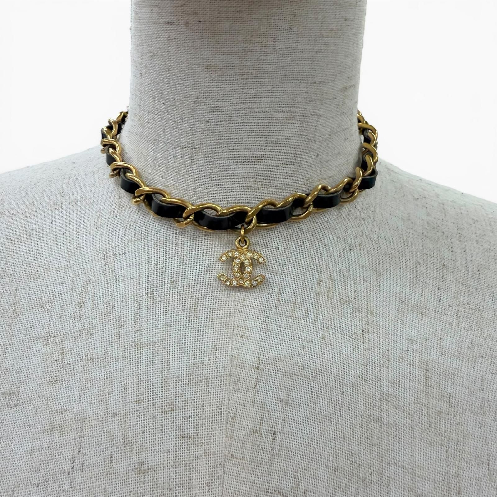 Chanel Vintage Leather CC Logo Rhinestone Chain Belt Choker Necklace Gold Black — view 4