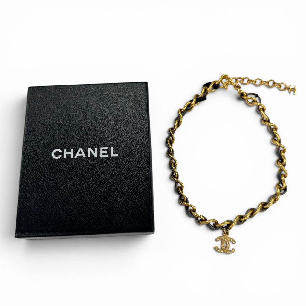 Chanel Vintage Leather CC Logo Rhinestone Chain Belt Choker Necklace Gold Black — view 2