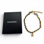Chanel Vintage Leather CC Logo Rhinestone Chain Belt Choker Necklace Gold Black — view 2