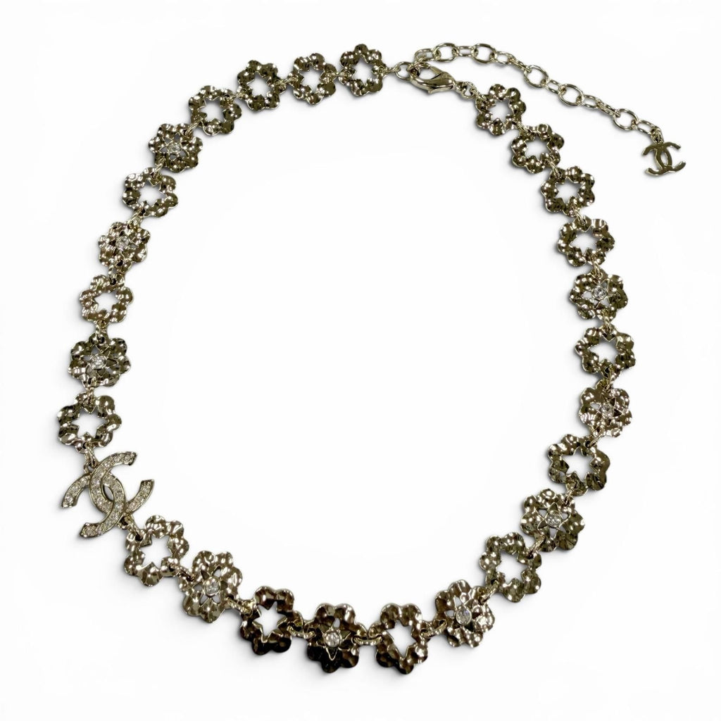 Chanel CC Logo Flower Rhinestone Necklace Choker Gold