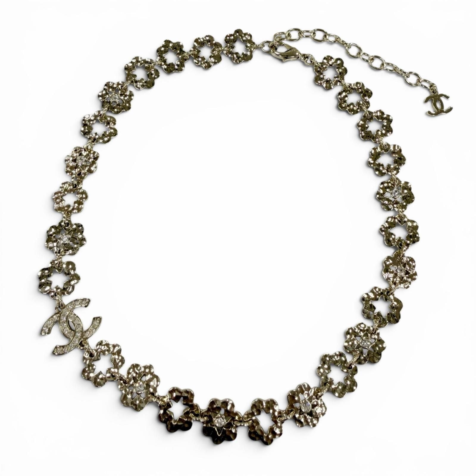 Chanel CC Logo Flower Rhinestone Necklace Choker Gold
