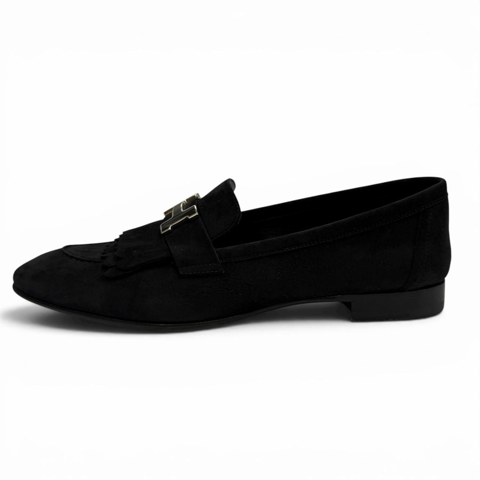 Hermes Moccasins Royale Silver Logo Plate Suede Leather Loafers Black — view 5