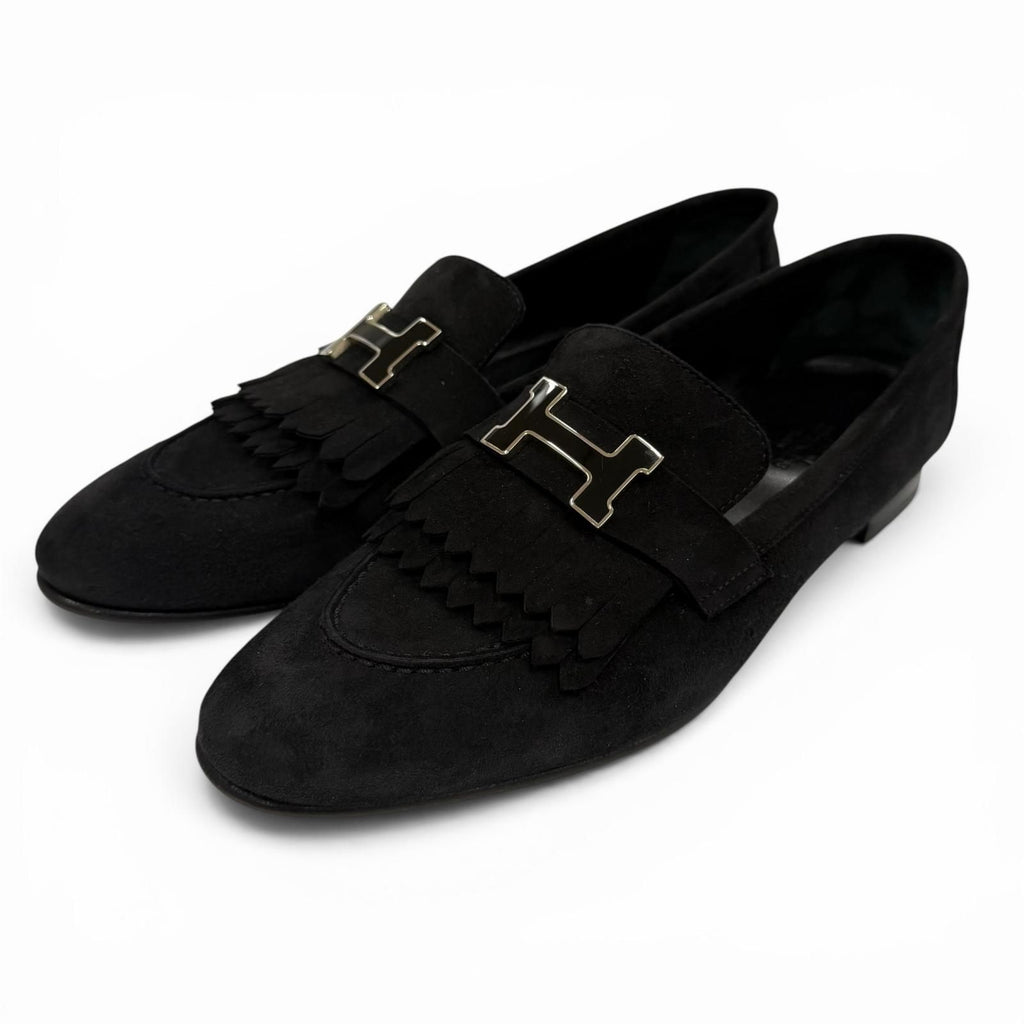 Hermes Moccasins Royale Silver Logo Plate Suede Leather Loafers Black