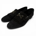 Hermes Moccasins Royale Silver Logo Plate Suede Leather Loafers Black