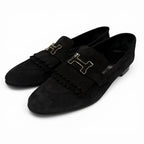 Hermes Moccasins Royale Silver Logo Plate Suede Leather Loafers Black