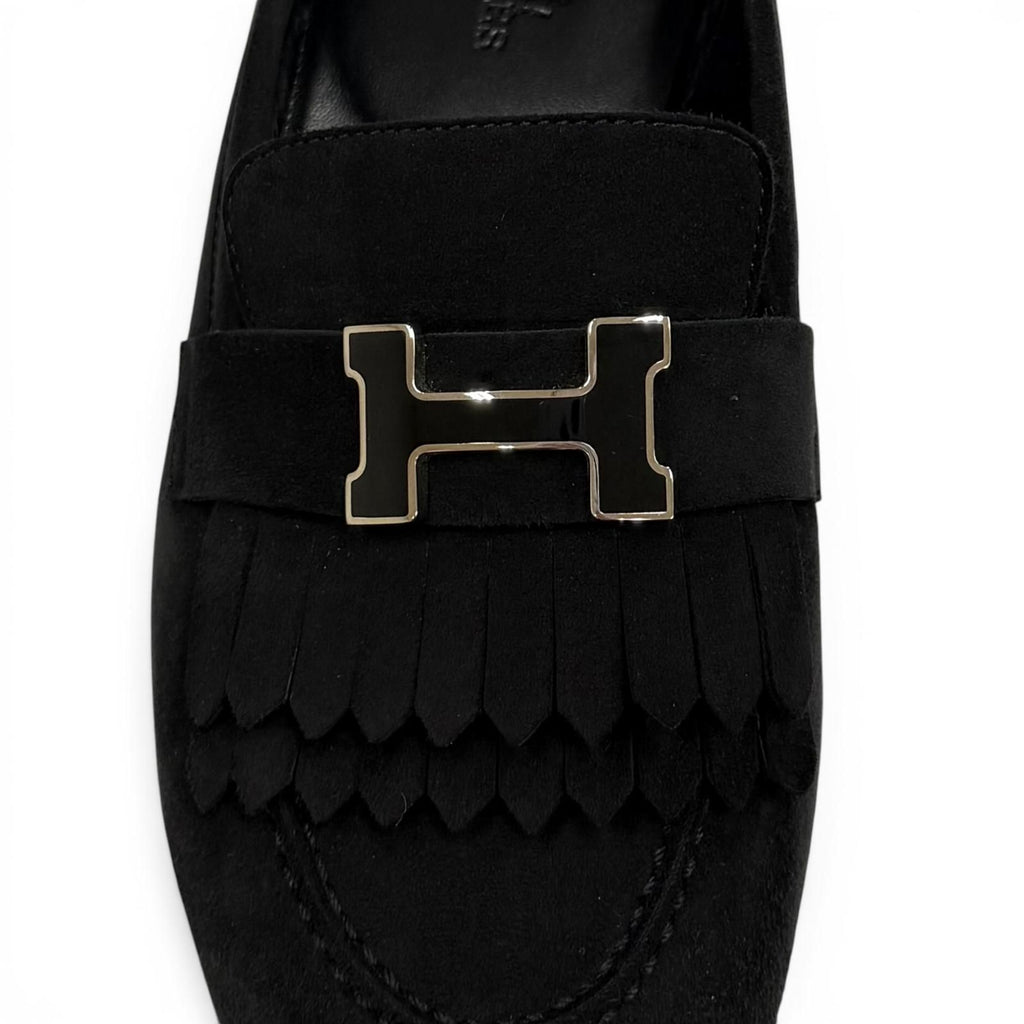 Hermes Moccasins Royale Silver Logo Plate Suede Leather Loafers Black — view 9