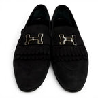 Hermes Moccasins Royale Silver Logo Plate Suede Leather Loafers Black — view 4