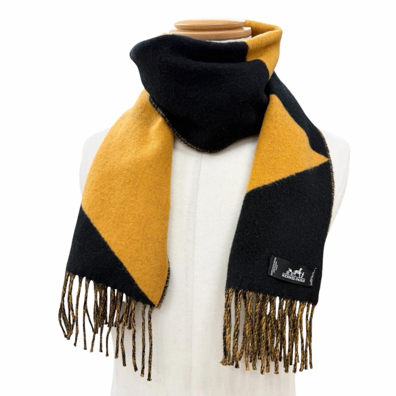 Hermes Cashmere Bicolor Shawl Scarf with Fringe Black Yellow UK — view 2