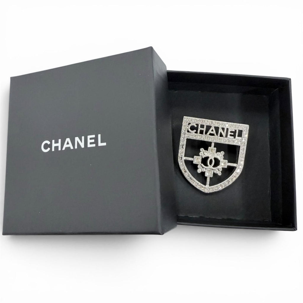 Chanel Emblem Logo CC Rhinestone Brooch Silver — view 2
