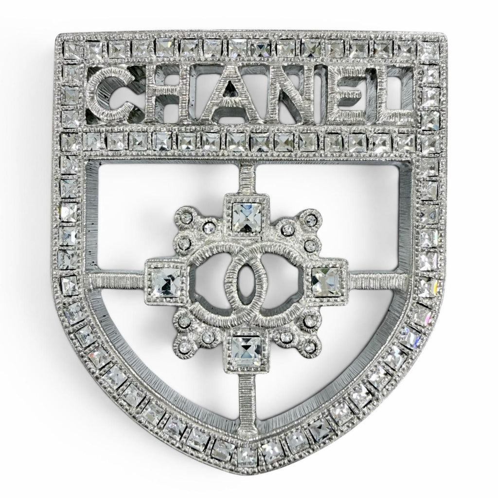 Chanel Emblem Logo CC Rhinestone Brooch Silver