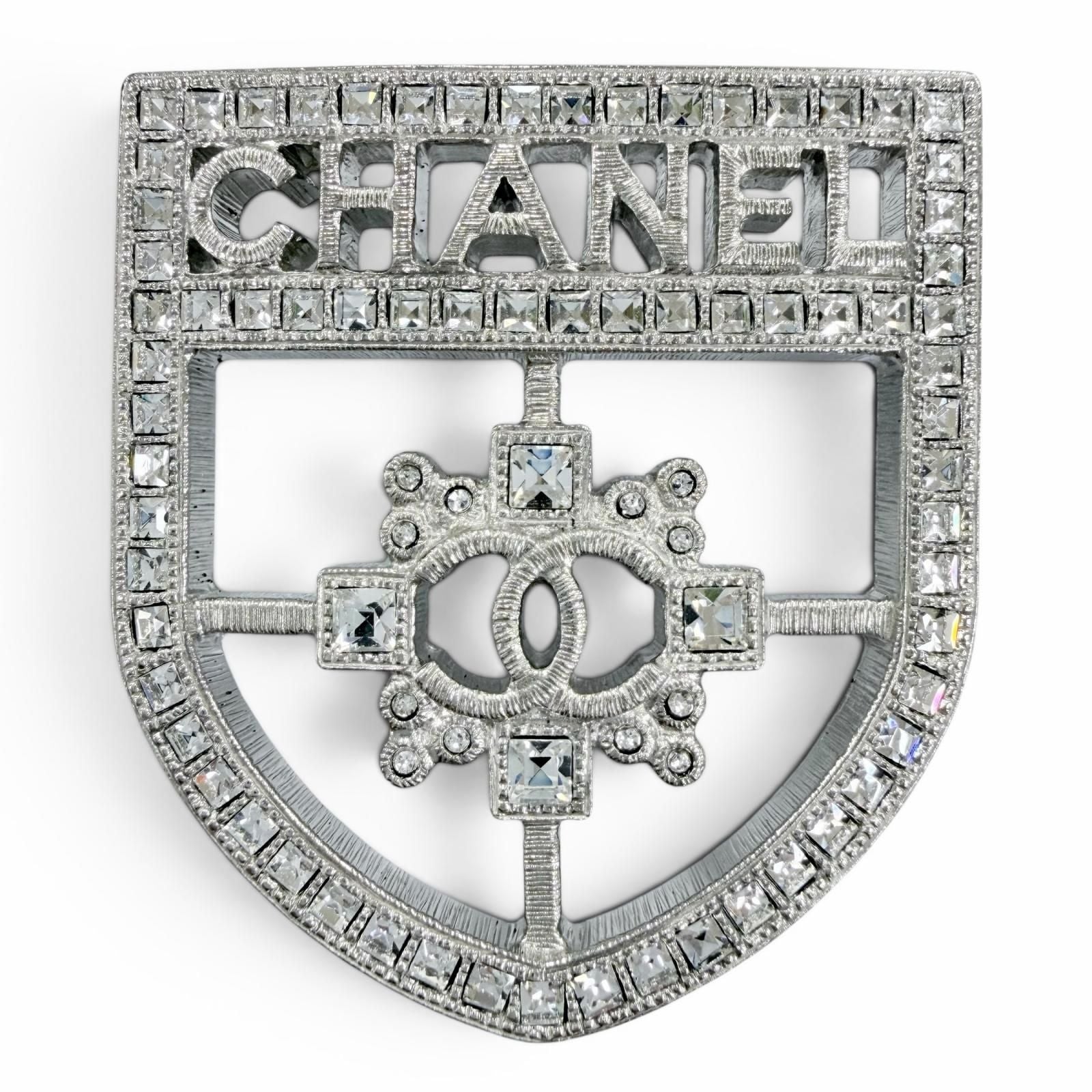 Chanel Emblem Logo CC Rhinestone Brooch Silver
