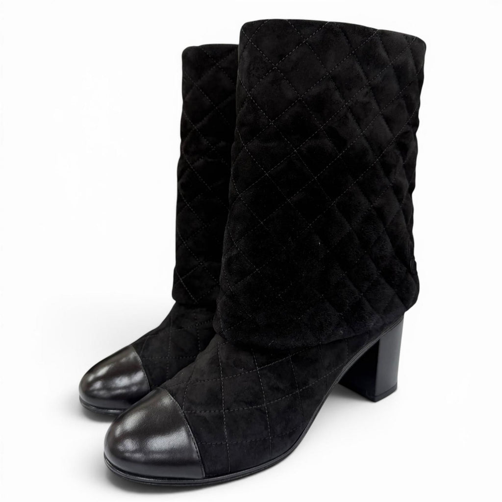 Chanel CC Logo Heart Clover Suede Leather Short Boots Black