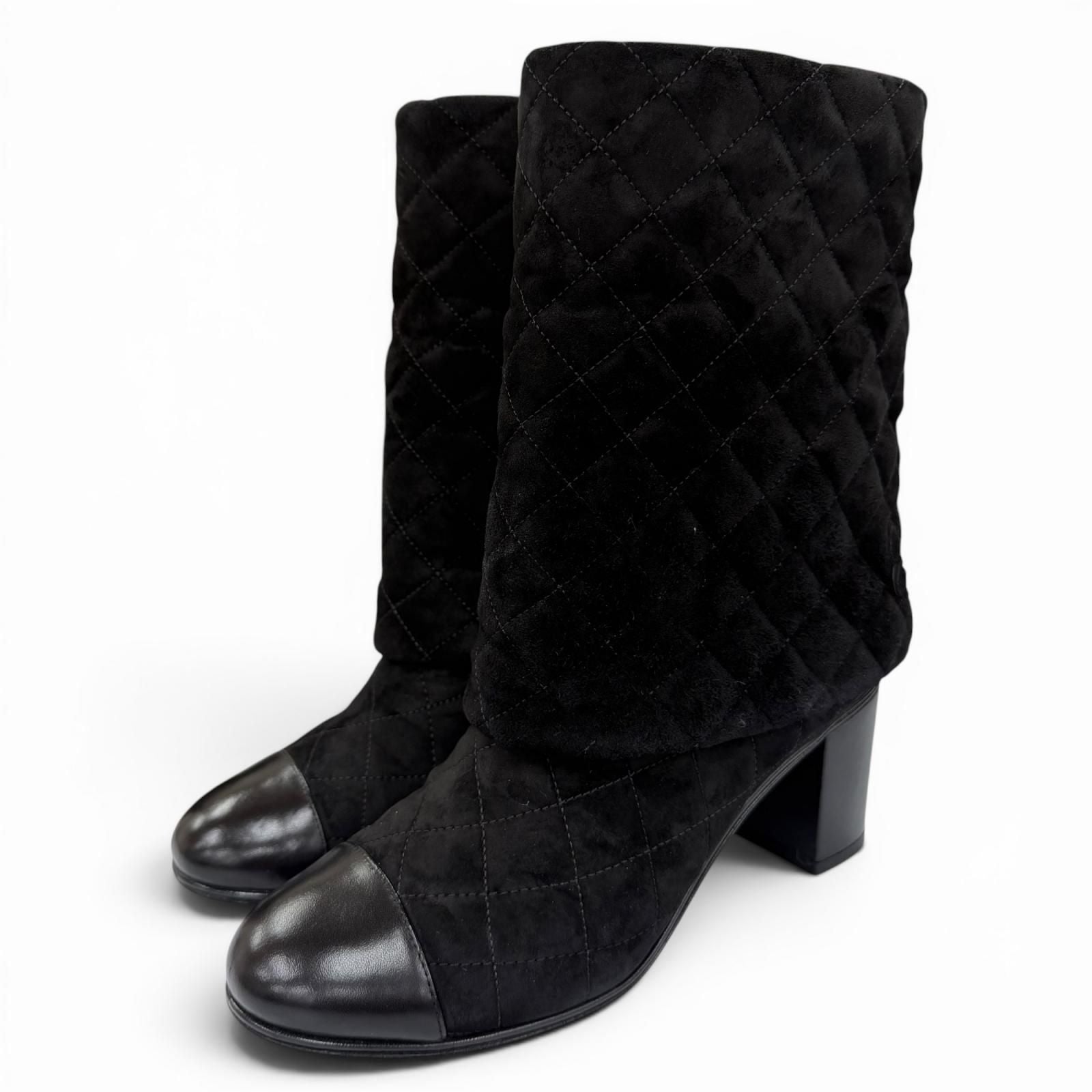 Chanel CC Logo Heart Clover Suede Leather Short Boots Black