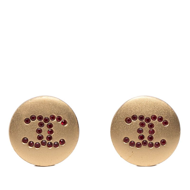 Chanel CC Logo Earrings Gold Red Plated Rhinestone