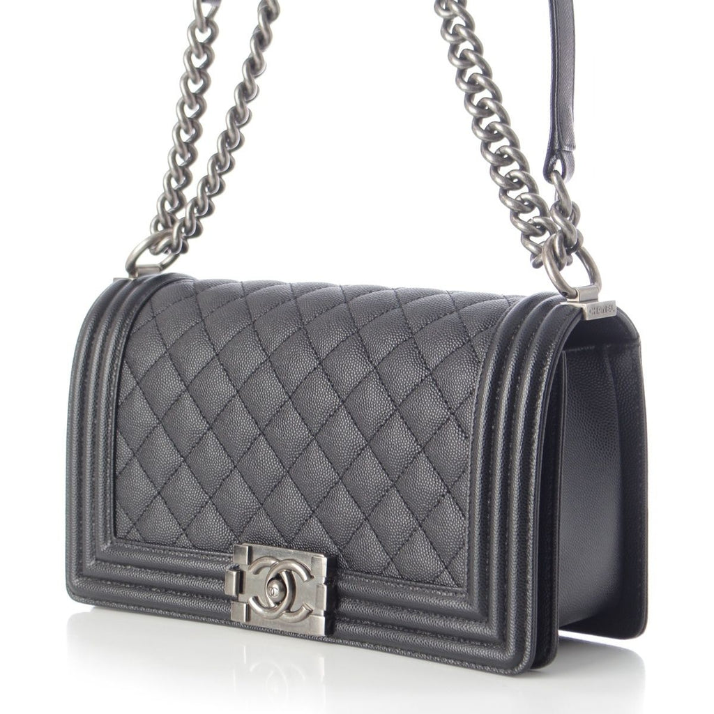 Chanel Boy Caviar Leather Chain Random Plate Shoulder Bag Black 25 — view 3