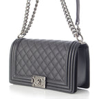 Chanel Boy Caviar Leather Chain Random Plate Shoulder Bag Black 25 — view 3