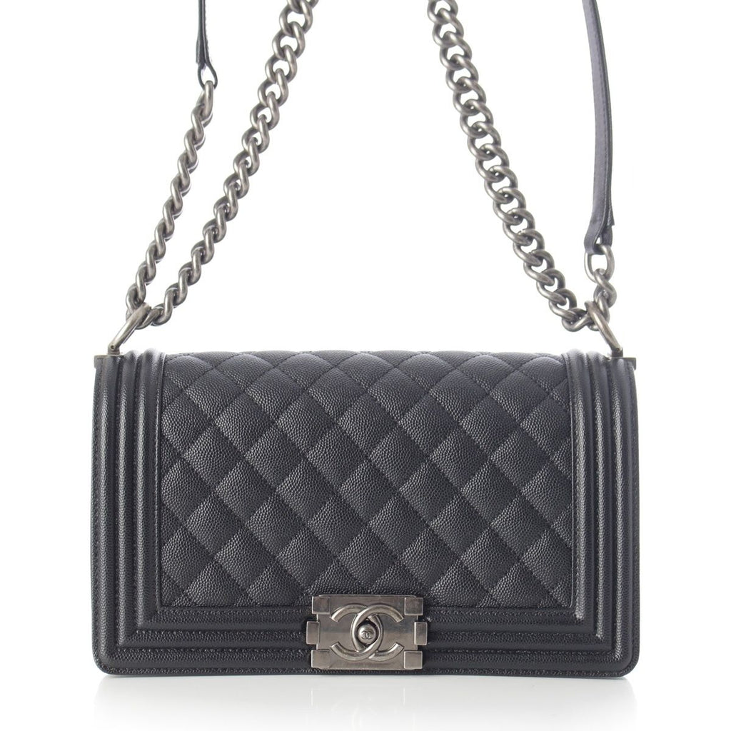 Chanel Boy Caviar Leather Chain Random Plate Shoulder Bag Black 25 — view 2