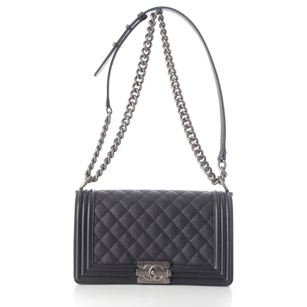 Chanel Boy Caviar Leather Chain Random Plate Shoulder Bag Black 25