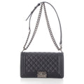 Chanel Boy Caviar Leather Chain Random Plate Shoulder Bag Black 25