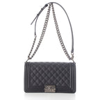 Chanel Boy Caviar Leather Chain Random Plate Shoulder Bag Black 25