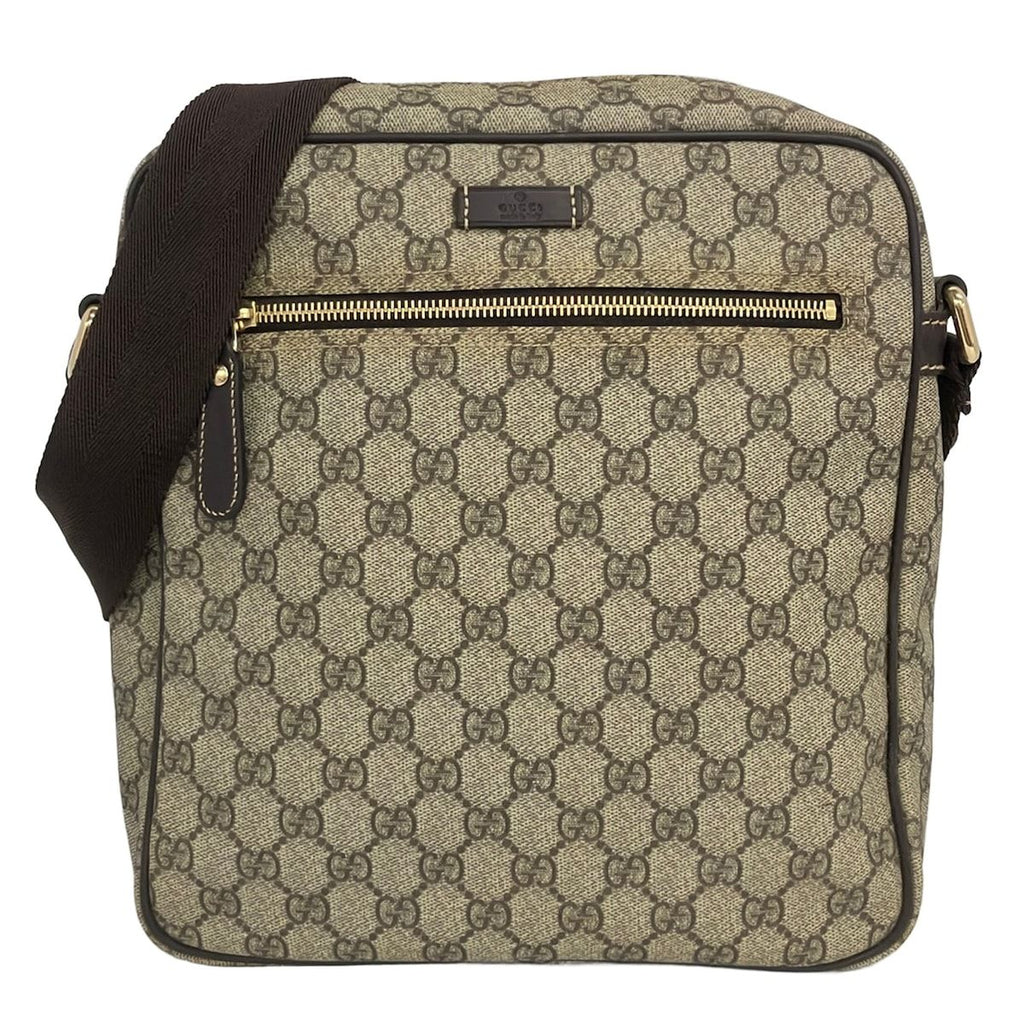 Gucci Shoulder Bag GG Plus Supreme Beige Dark Brown Leather