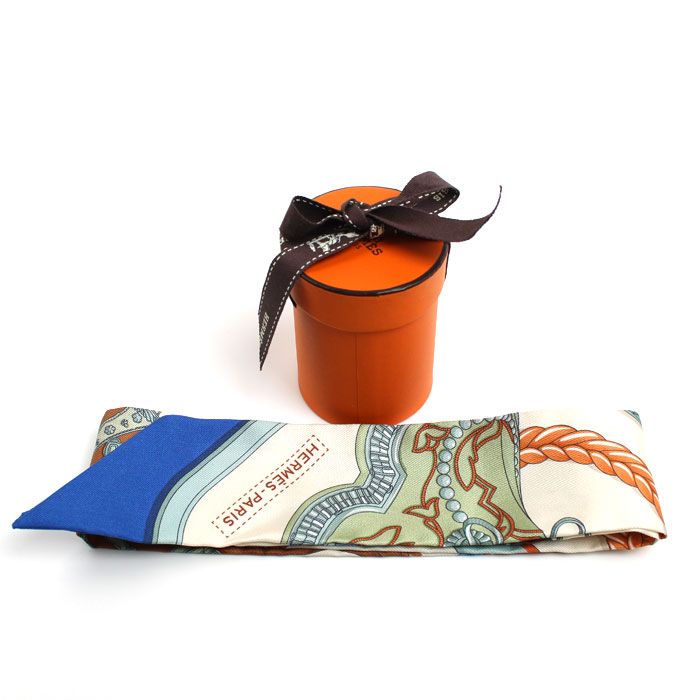 Hermes Twilly Gran Appara Scarf Cream Blue Terracotta — view 5