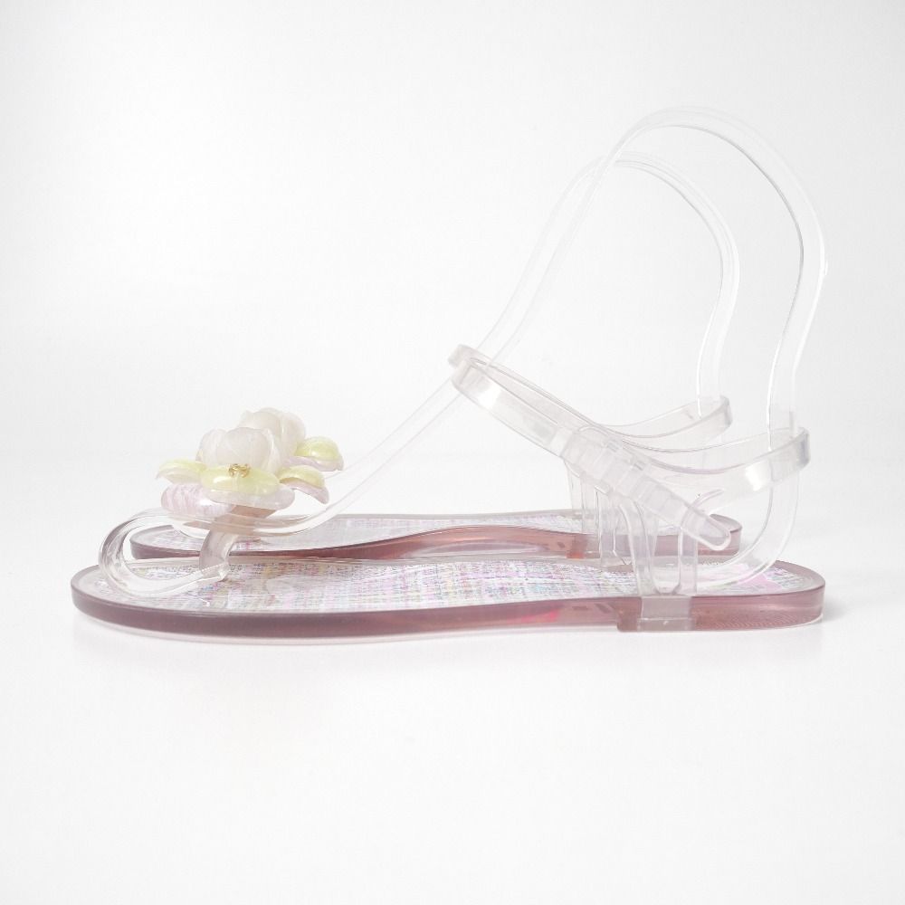 Chanel Sandals 36 Camellia CC Logo Tweed Print Ankle Strap Thong Clear — view 2