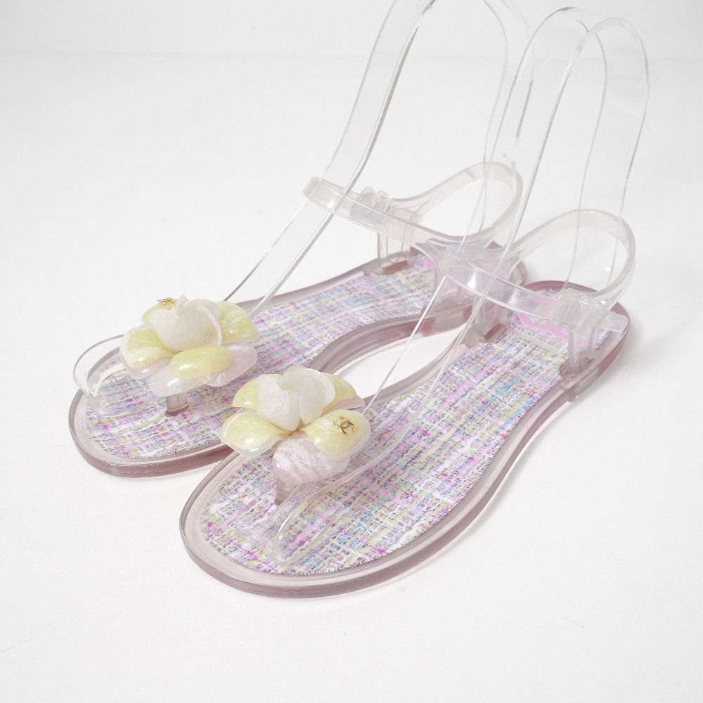 Chanel Sandals 36 Camellia CC Logo Tweed Print Ankle Strap Thong Clear