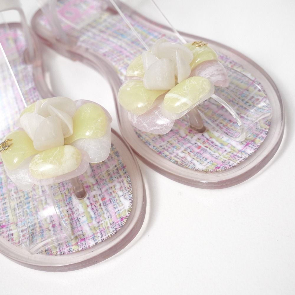 Chanel Sandals 36 Camellia CC Logo Tweed Print Ankle Strap Thong Clear — view 4