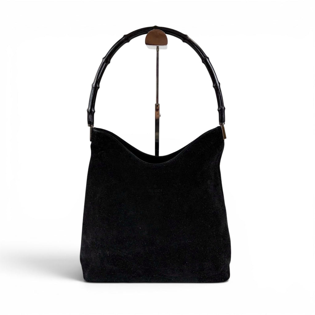 Gucci Bamboo Handle Hobo Shoulder Bag All Black Suede Leather
