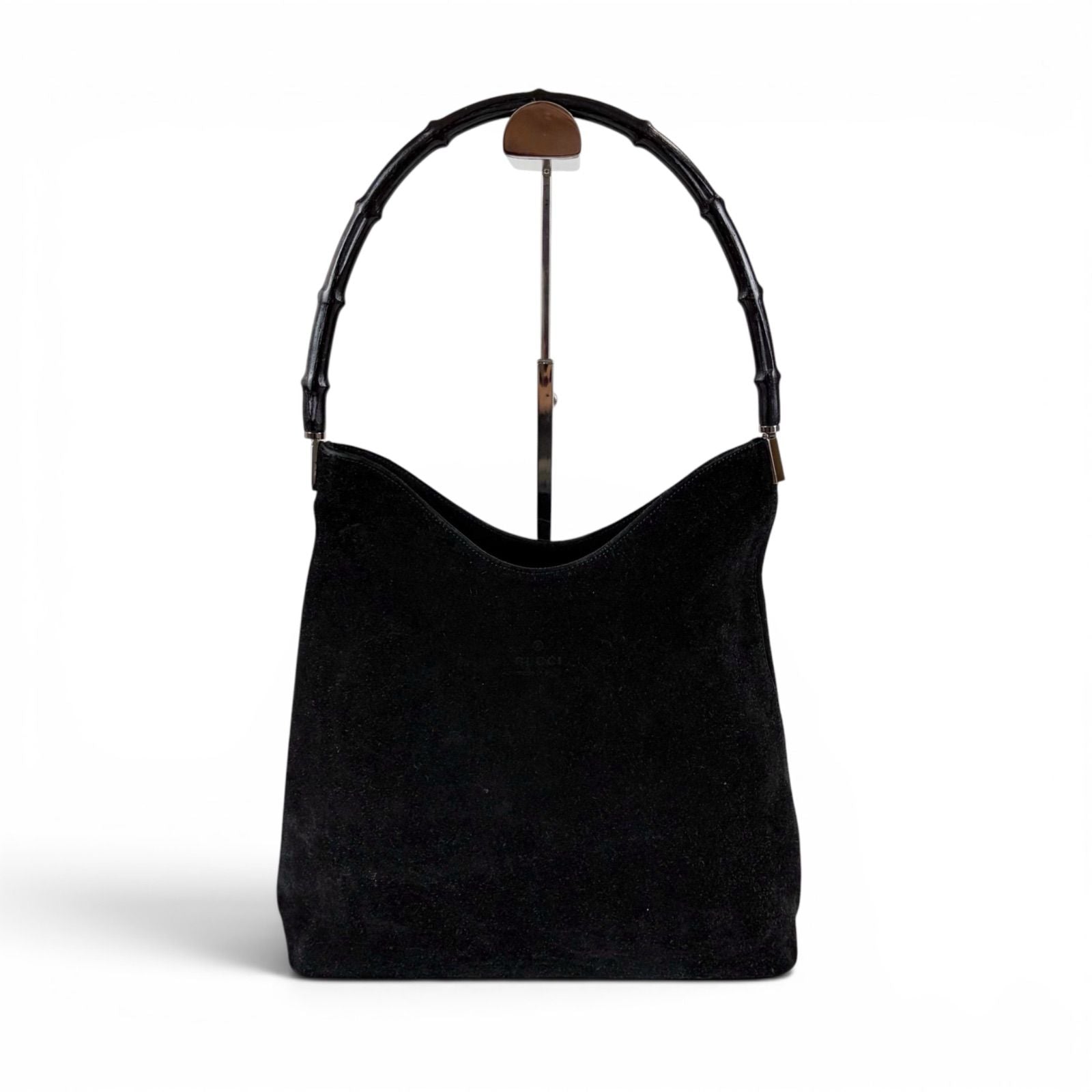 Gucci Bamboo Handle Hobo Shoulder Bag All Black Suede Leather