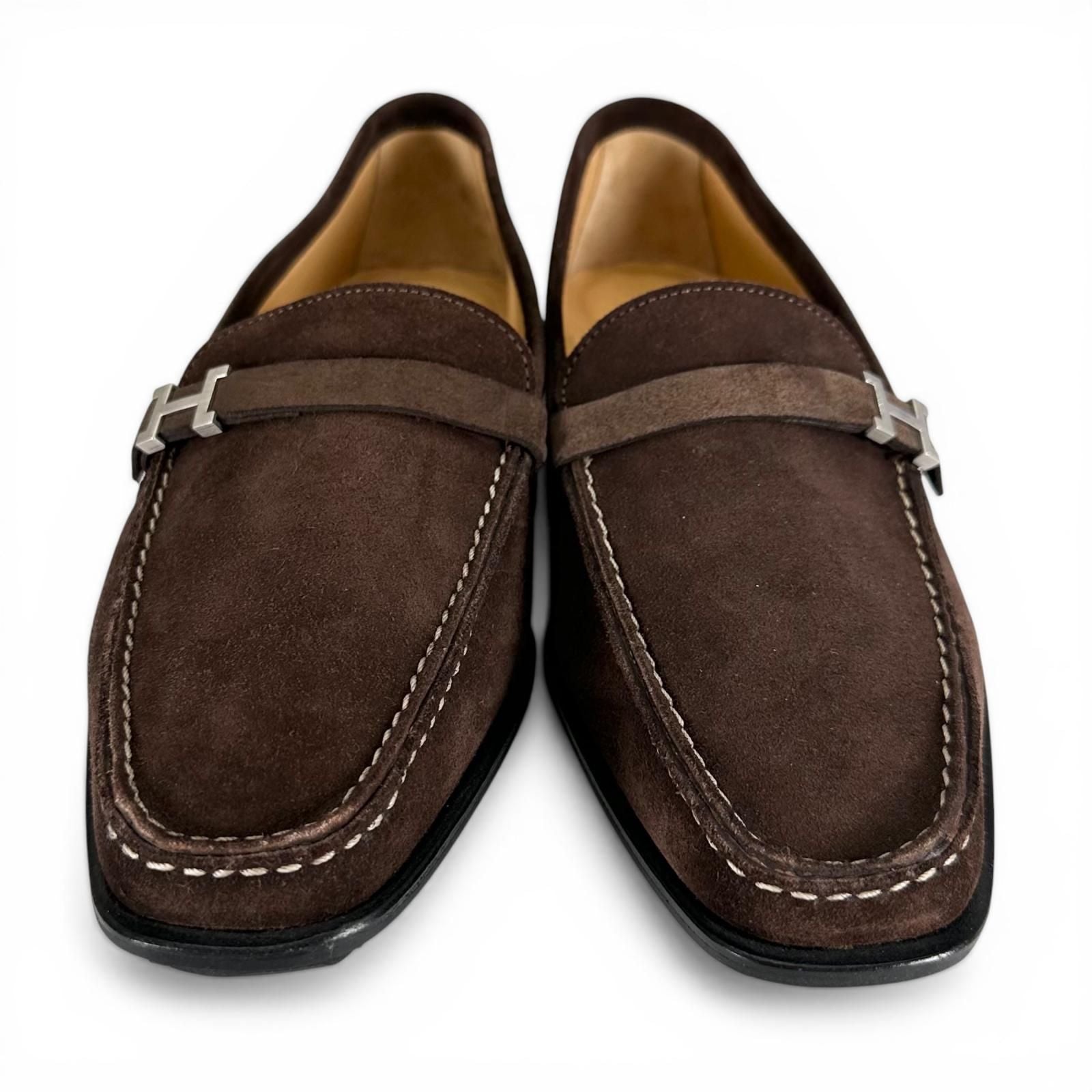 Hermes Silver Logo Swe Leather Loafers Brown — view 2