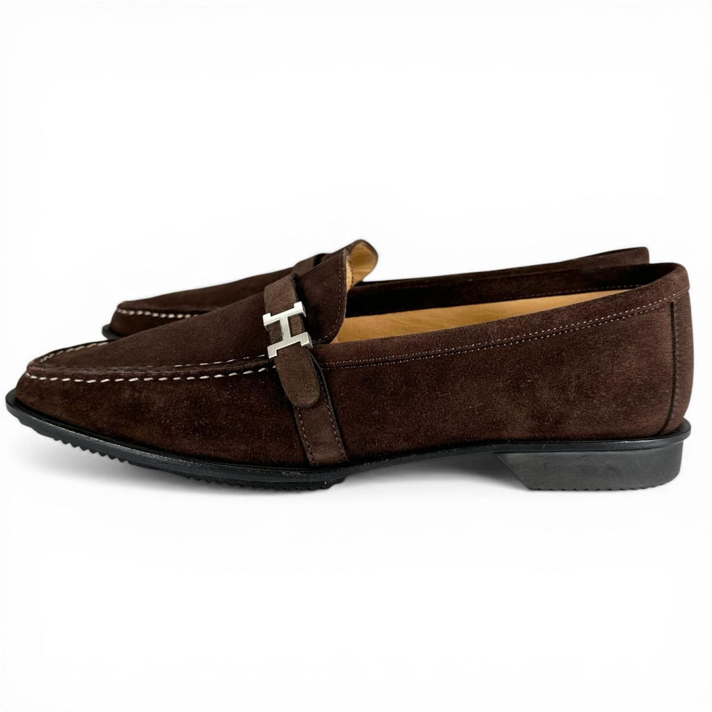 Hermes Silver Logo Swe Leather Loafers Brown — view 3